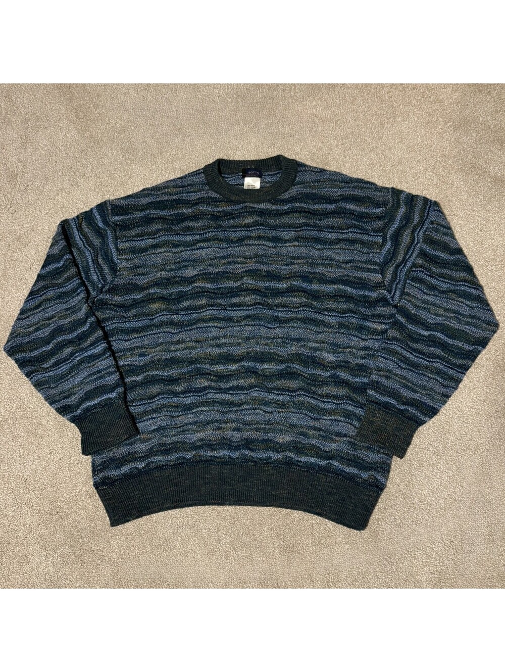 Vintage Botto Mens M Italian Wool Blend Knit Sweater Crewneck 90s Blue Green